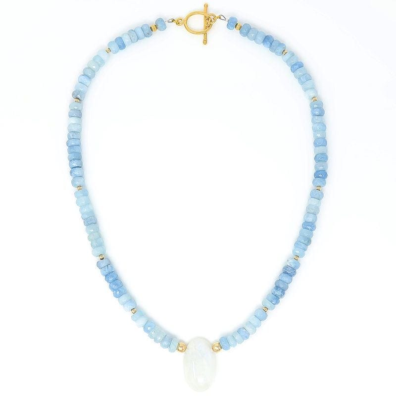 Rainbow Moonstone Aquamarine Gold Pendant Necklace